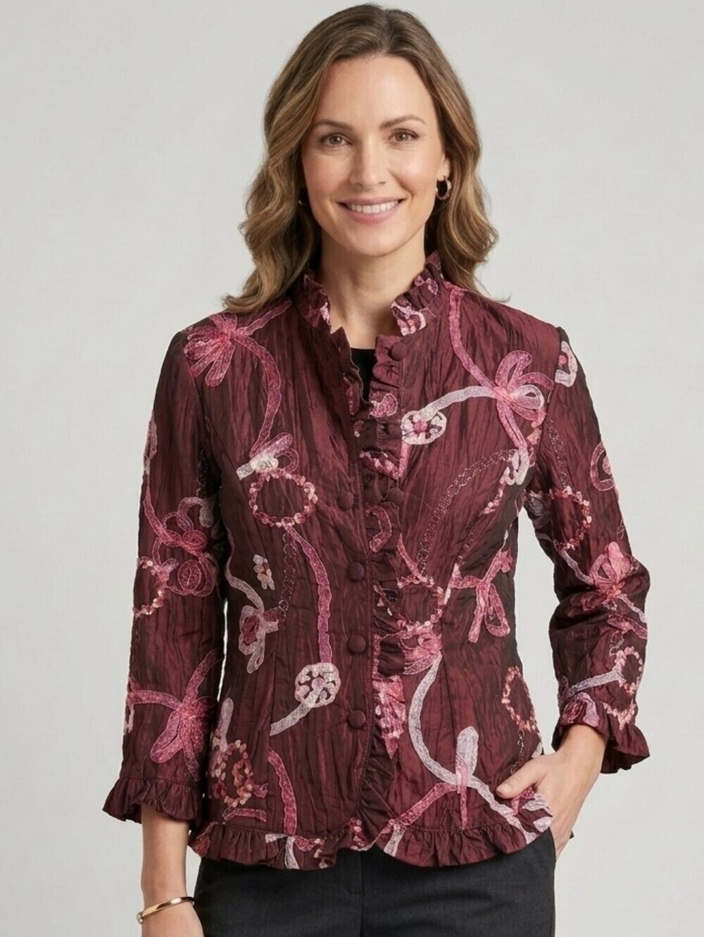 ARAZ Blazer, Ribbon Applique and Floral Embroidered, Burgundy, Size Medium